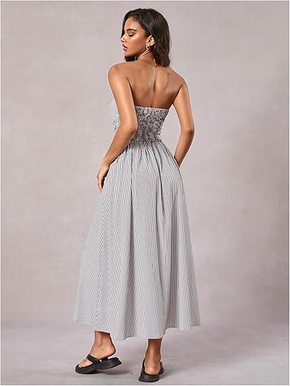 Women's Striped Strapless Maxi Dress Summer Casual Tube Top Long Dresses with Pocket