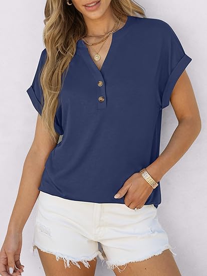 Womens Short Sleeve Henley Tops V Neck Dressy Casual Blouses Summer Trendy Tee Shirts 2026 Vacation Fashion Clothes