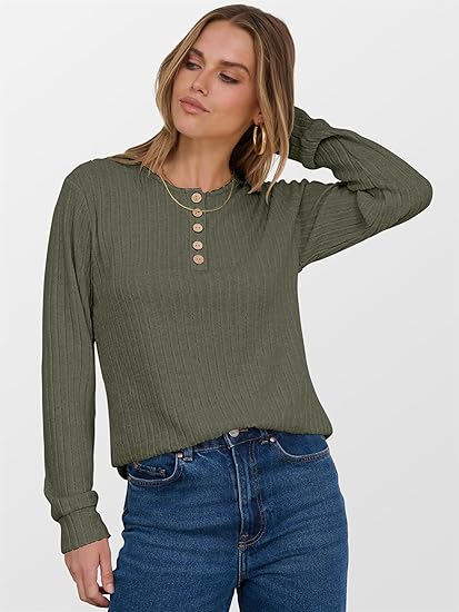 Womens Long Sleeve Henley Shirts Button Down Tunic Tops Fall Lightweight Sweaters Business Casual Blouses 2026