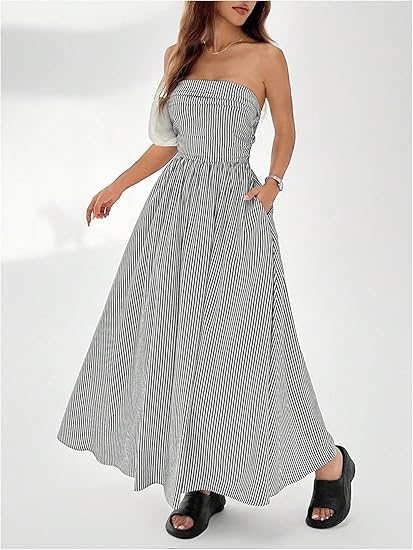 Women's Striped Strapless Maxi Dress Summer Casual Tube Top Long Dresses with Pocket