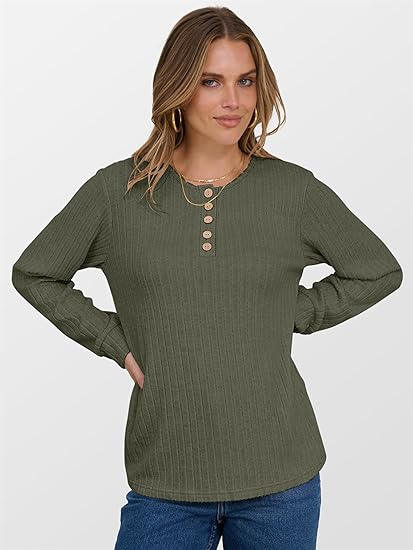 Womens Long Sleeve Henley Shirts Button Down Tunic Tops Fall Lightweight Sweaters Business Casual Blouses 2026