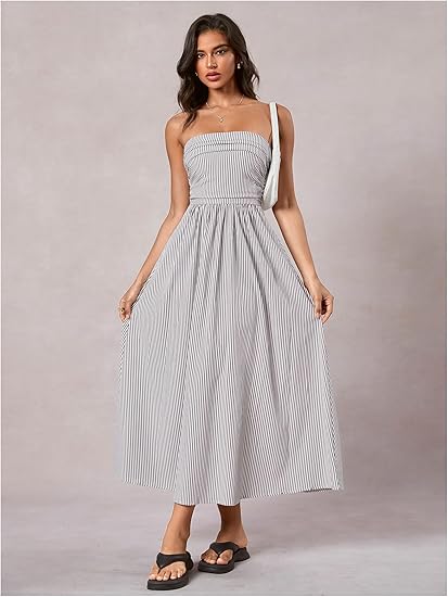 Women's Striped Strapless Maxi Dress Summer Casual Tube Top Long Dresses with Pocket