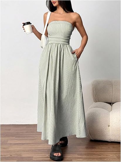 Women's Striped Strapless Maxi Dress Summer Casual Tube Top Long Dresses with Pocket