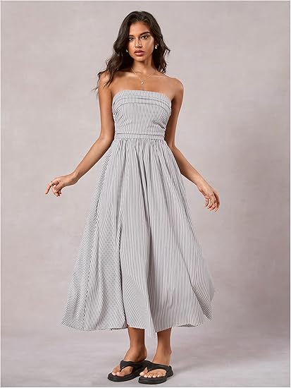 Women's Striped Strapless Maxi Dress Summer Casual Tube Top Long Dresses with Pocket
