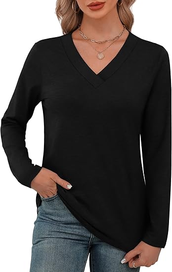 Long Sleeve Shirts for Women V Neck Fall Tops Basic Tunic Tops Loose Fit Dressy 2025