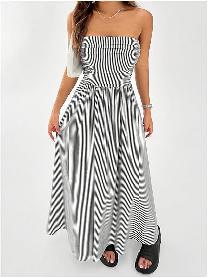 Women's Striped Strapless Maxi Dress Summer Casual Tube Top Long Dresses with Pocket