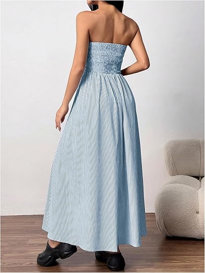 Women's Striped Strapless Maxi Dress Summer Casual Tube Top Long Dresses with Pocket