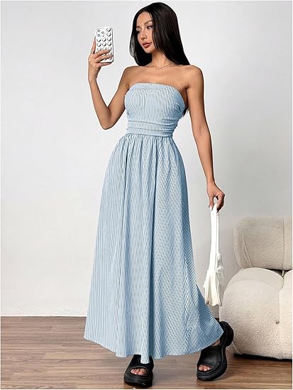 Women's Striped Strapless Maxi Dress Summer Casual Tube Top Long Dresses with Pocket