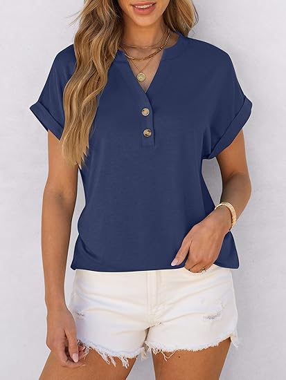 Womens Short Sleeve Henley Tops V Neck Dressy Casual Blouses Summer Trendy Tee Shirts 2026 Vacation Fashion Clothes