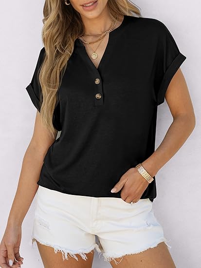 Womens Short Sleeve Henley Tops V Neck Dressy Casual Blouses Summer Trendy Tee Shirts 2026 Vacation Fashion Clothes