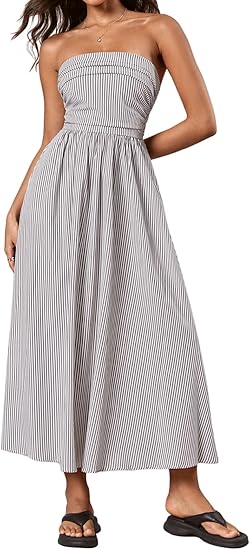 Women's Striped Strapless Maxi Dress Summer Casual Tube Top Long Dresses with Pocket