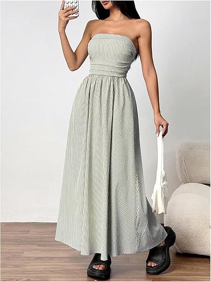 Women's Striped Strapless Maxi Dress Summer Casual Tube Top Long Dresses with Pocket