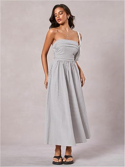 Women's Striped Strapless Maxi Dress Summer Casual Tube Top Long Dresses with Pocket