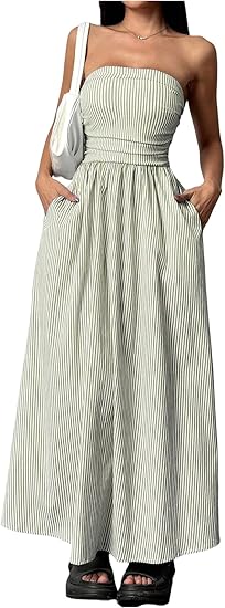 Women's Striped Strapless Maxi Dress Summer Casual Tube Top Long Dresses with Pocket