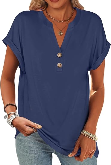 Womens Short Sleeve Henley Tops V Neck Dressy Casual Blouses Summer Trendy Tee Shirts 2026 Vacation Fashion Clothes