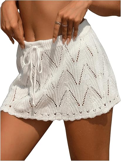 Women Crochet Beach Mini Skirt Swim Bikini Cover Up Skirt Knit Swimsuit Bathing Suit Coverup