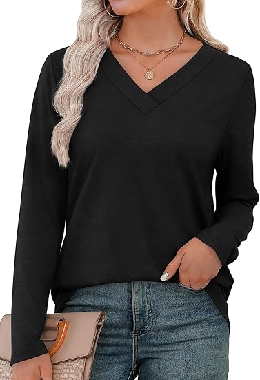 Long Sleeve Shirts for Women V Neck Fall Tops Basic Tunic Tops Loose Fit Dressy 2025