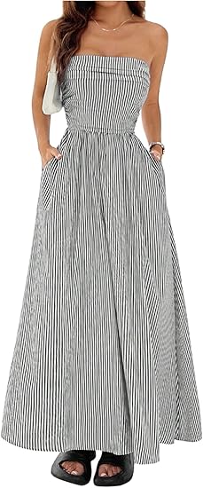 Women's Striped Strapless Maxi Dress Summer Casual Tube Top Long Dresses with Pocket