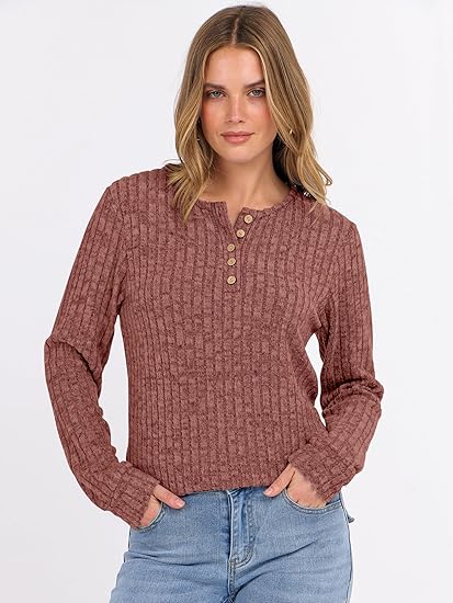 Womens Long Sleeve Henley Shirts Button Down Tunic Tops Fall Lightweight Sweaters Business Casual Blouses 2026