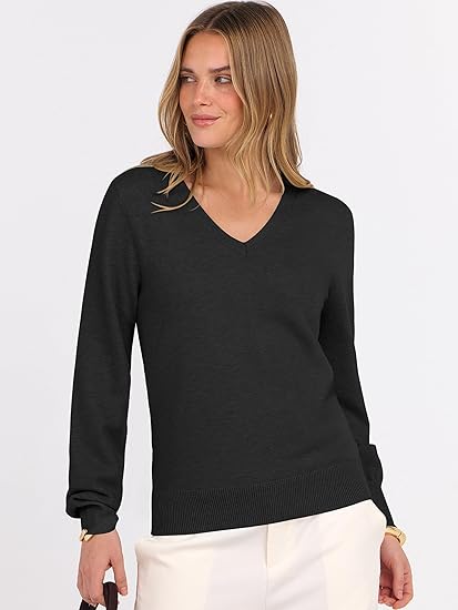 Womens Long Sleeve V Neck Sweaters 2026 Fall Casual Classic Soft Loose Fit Basic Pullover Jumper Top
