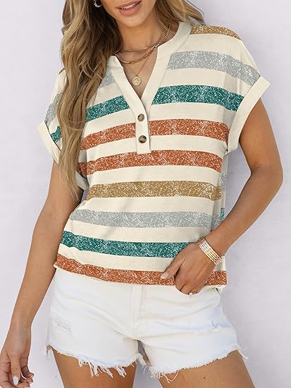 Womens Short Sleeve Henley Tops V Neck Dressy Casual Blouses Summer Trendy Tee Shirts 2026 Vacation Fashion Clothes