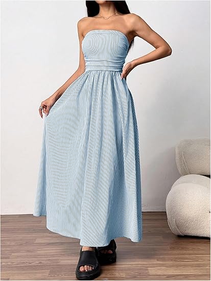 Women's Striped Strapless Maxi Dress Summer Casual Tube Top Long Dresses with Pocket