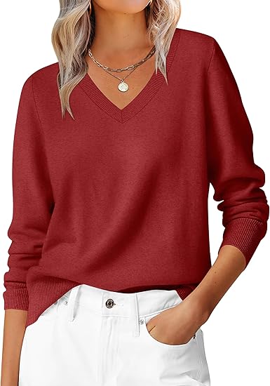 Womens Long Sleeve V Neck Sweaters 2026 Fall Casual Classic Soft Loose Fit Basic Pullover Jumper Top