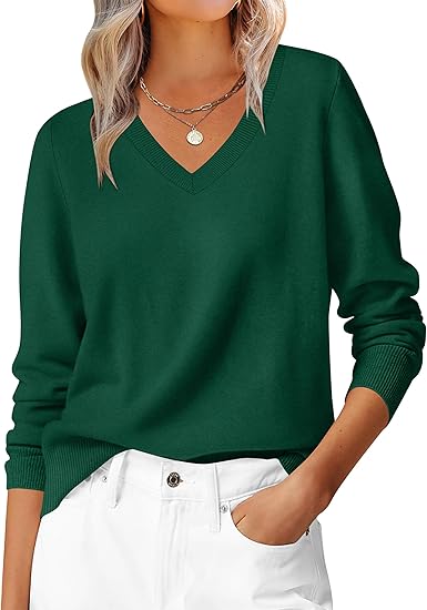 Womens Long Sleeve V Neck Sweaters 2026 Fall Casual Classic Soft Loose Fit Basic Pullover Jumper Top