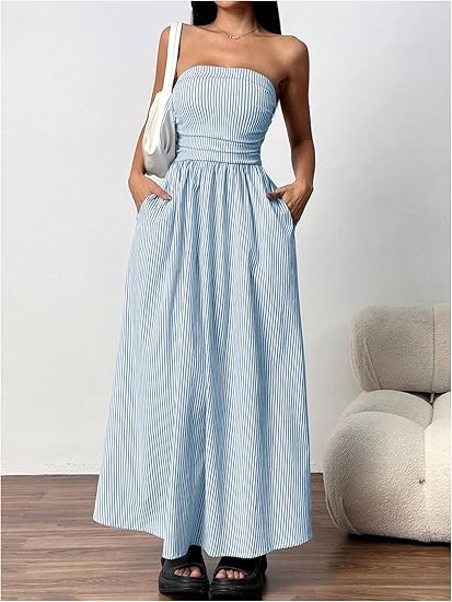 Women's Striped Strapless Maxi Dress Summer Casual Tube Top Long Dresses with Pocket