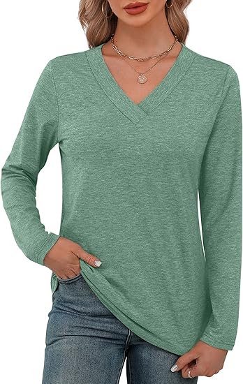 Long Sleeve Shirts for Women V Neck Fall Tops Basic Tunic Tops Loose Fit Dressy 2025