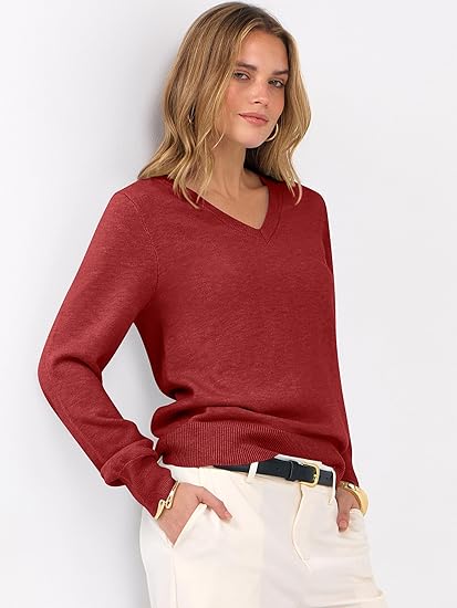 Womens Long Sleeve V Neck Sweaters 2026 Fall Casual Classic Soft Loose Fit Basic Pullover Jumper Top
