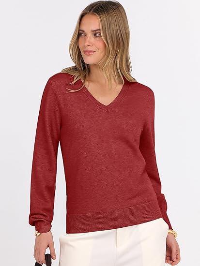 Womens Long Sleeve V Neck Sweaters 2026 Fall Casual Classic Soft Loose Fit Basic Pullover Jumper Top