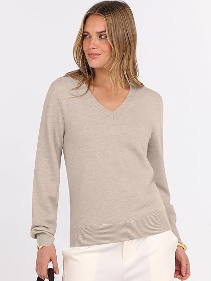 Womens Long Sleeve V Neck Sweaters 2026 Fall Casual Classic Soft Loose Fit Basic Pullover Jumper Top