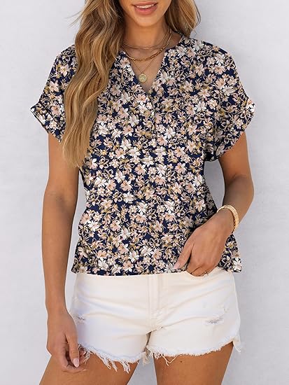 Womens Short Sleeve Henley Tops V Neck Dressy Casual Blouses Summer Trendy Tee Shirts 2026 Vacation Fashion Clothes