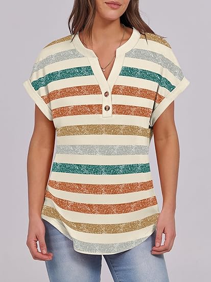 Womens Short Sleeve Henley Tops V Neck Dressy Casual Blouses Summer Trendy Tee Shirts 2026 Vacation Fashion Clothes