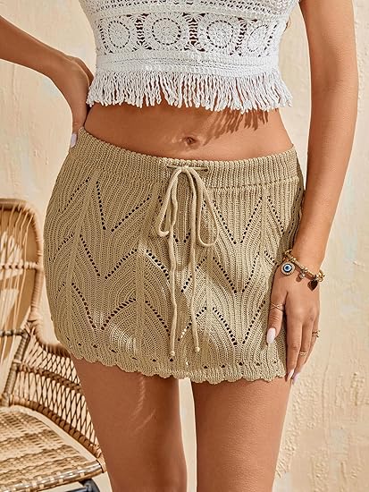 Women Crochet Beach Mini Skirt Swim Bikini Cover Up Skirt Knit Swimsuit Bathing Suit Coverup