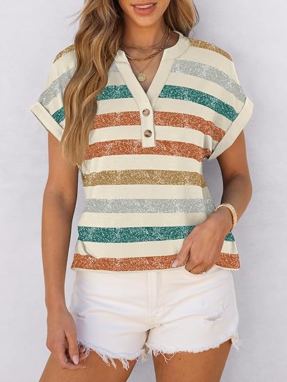 Womens Short Sleeve Henley Tops V Neck Dressy Casual Blouses Summer Trendy Tee Shirts 2026 Vacation Fashion Clothes