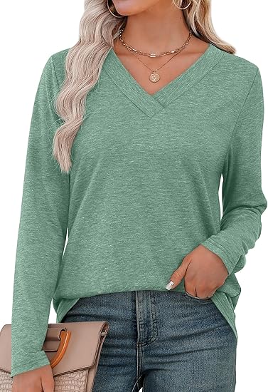 Long Sleeve Shirts for Women V Neck Fall Tops Basic Tunic Tops Loose Fit Dressy 2025