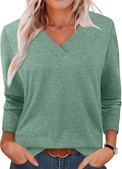 Long Sleeve Shirts for Women V Neck Fall Tops Basic Tunic Tops Loose Fit Dressy 2025