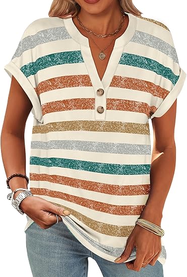 Womens Short Sleeve Henley Tops V Neck Dressy Casual Blouses Summer Trendy Tee Shirts 2026 Vacation Fashion Clothes