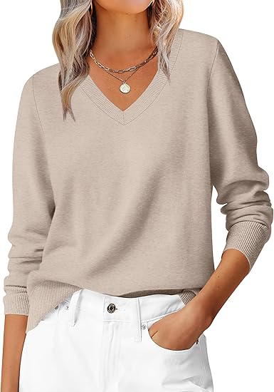 Womens Long Sleeve V Neck Sweaters 2026 Fall Casual Classic Soft Loose Fit Basic Pullover Jumper Top