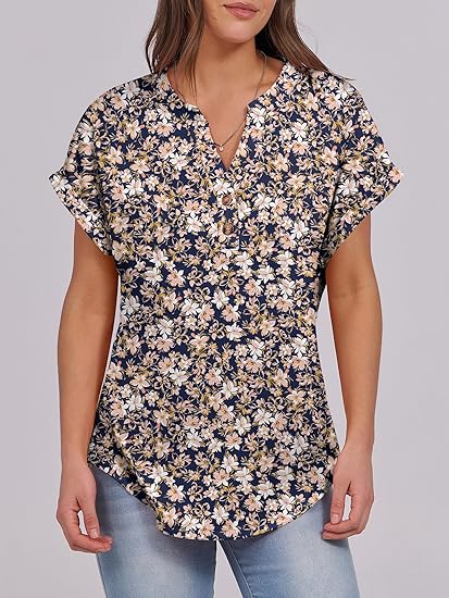 Womens Short Sleeve Henley Tops V Neck Dressy Casual Blouses Summer Trendy Tee Shirts 2026 Vacation Fashion Clothes