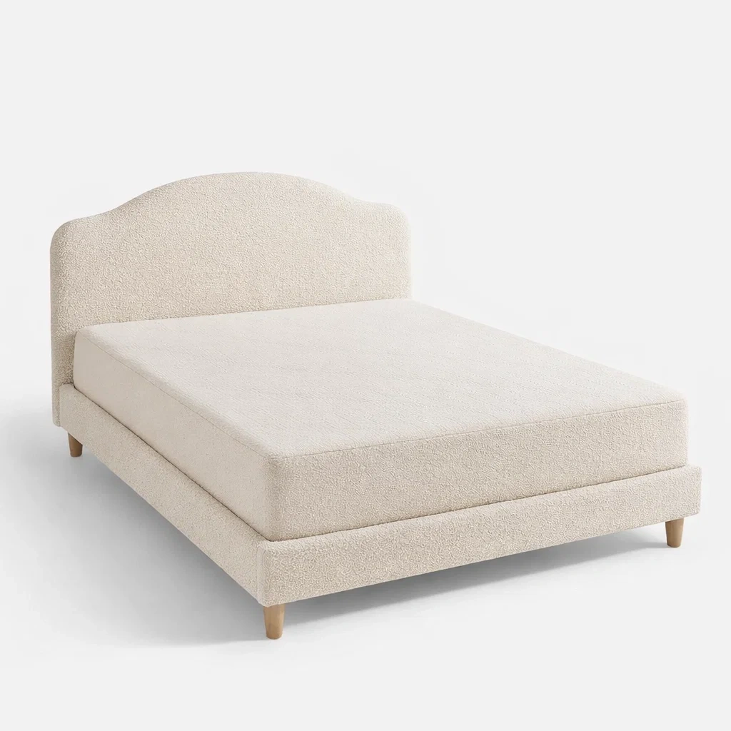 Modern Boucle Upholstered Platform Bed with Curved Headboard-CasarioLiving