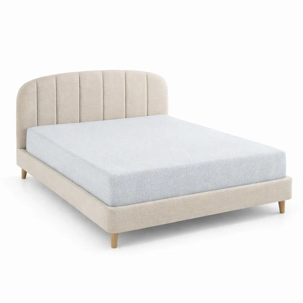 Beige Vertical Panel Upholstered Platform Bed with Wooden Legs-CasarioLiving