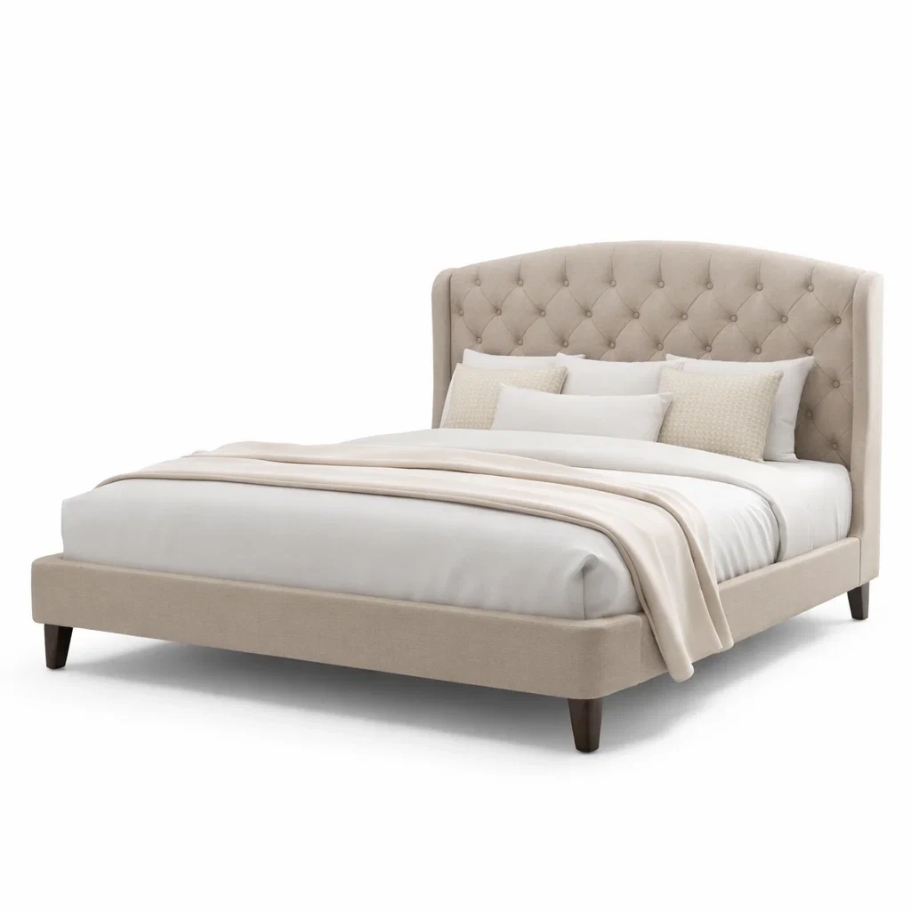 Upholstered Tufted Platform Bed Frame With Curved Headboard-CasarioLiving