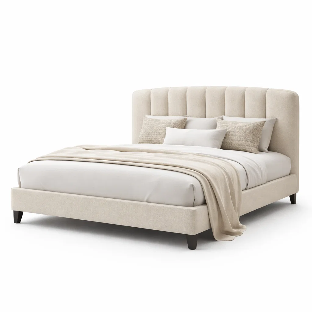 Modern Cream Upholstered Platform Bed with Vertical Channel Headboard-CasarioLiving