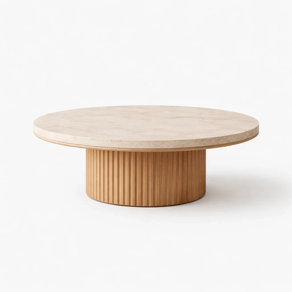 Round Natural Wood Coffee Table with Fluted Base-CasarioLiving