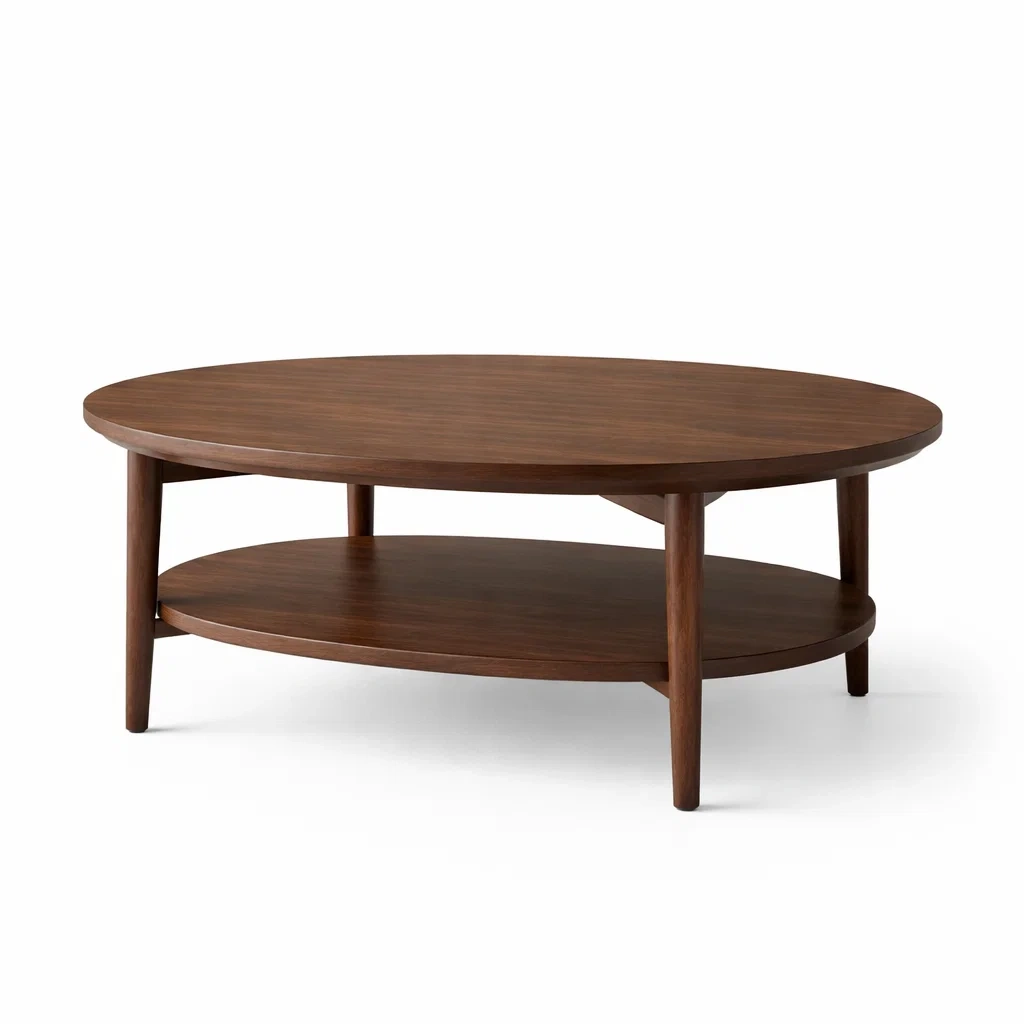Mid Century Walnut Round Coffee Table with Lower Shelf-CasarioLiving