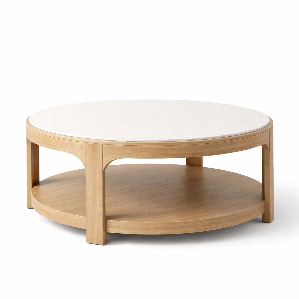 Modern Oak Round Coffee Table with Storage Shelf-CasarioLiving