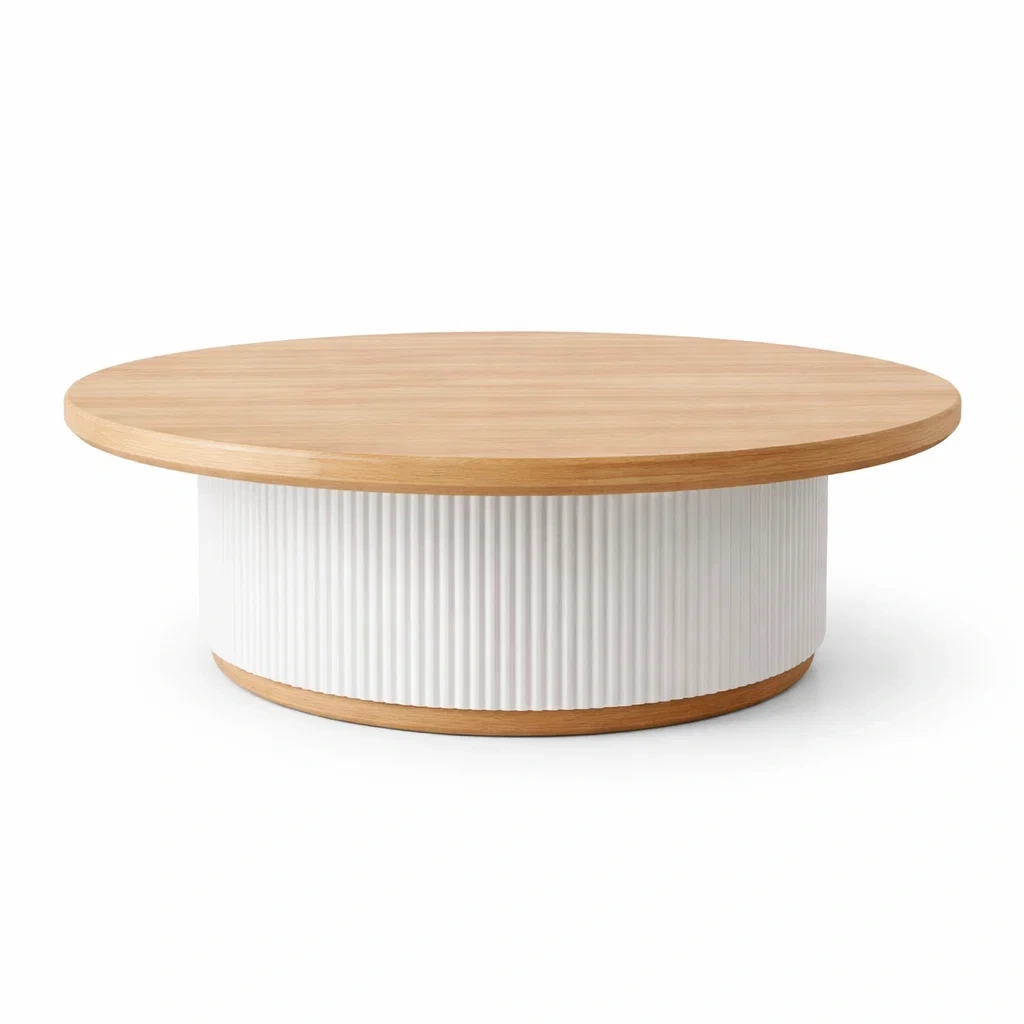 Minimalist Round Coffee Table with Wood Top and Fluted Base-CasarioLiving